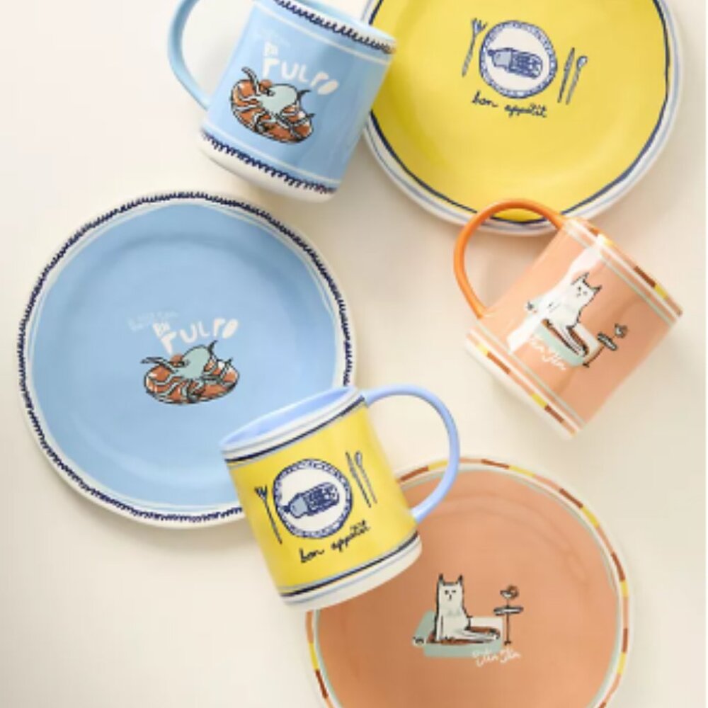 Anthropologie Original Tinned Fish Candle Stoneware Dessert Plate Blue Octopus - Picture 3 of 4